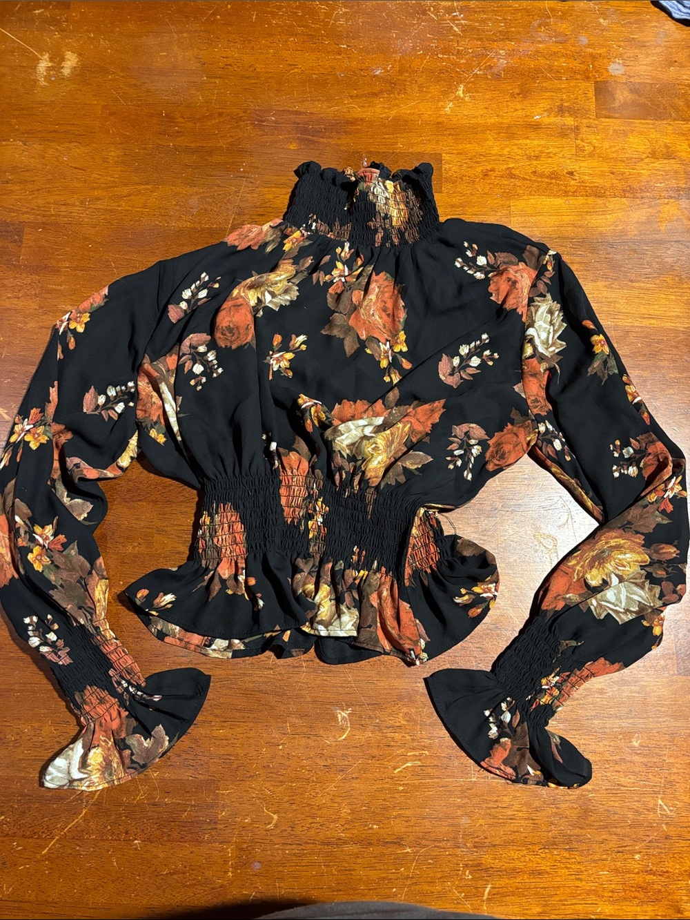 Shinestar Black Floral Smocked Crop Top with Rust and Cream Roses